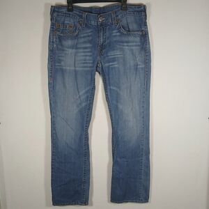 True Religion Straight Blue Jeans Mens 38x33 Thick Stitch Made USA #483